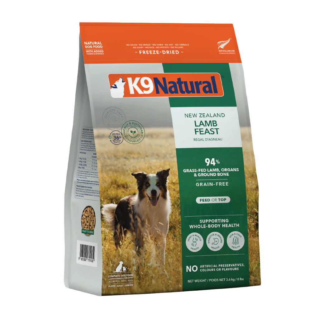 K9 Natural New Zealand single protein freeze dried Lamb Feast dog food package on a white background