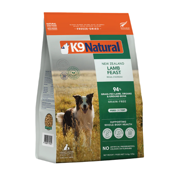 K9 Natural New Zealand single protein freeze dried Lamb Feast dog food package on a white background