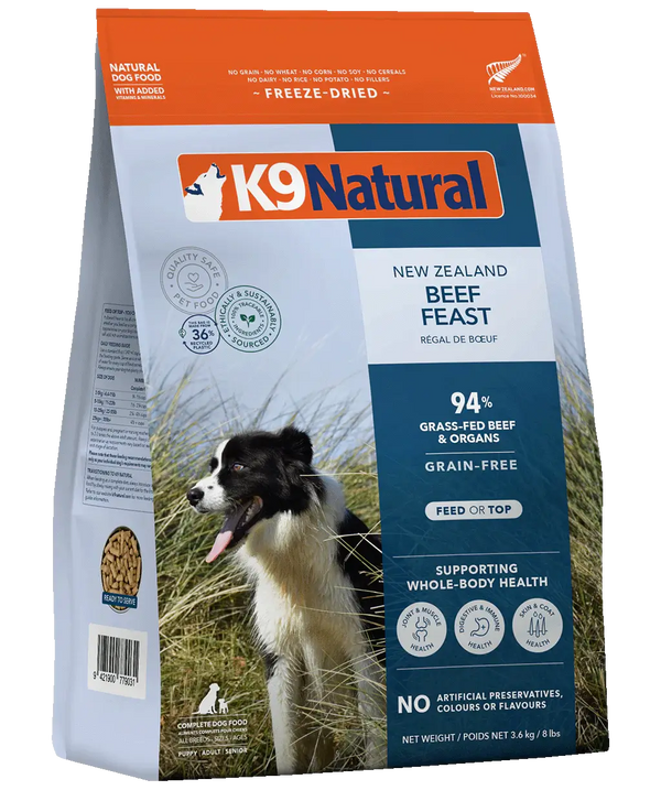 K9 Natural single protein beef freeze dried dog food 3.6kg package with a dog on a grassy background