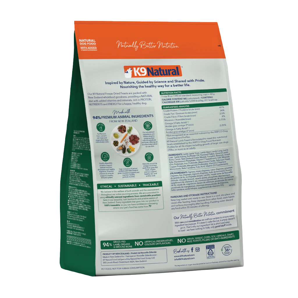 K9 Natural single protein lamb freeze dried dog food package with nutritional information 3.6kg on a white background