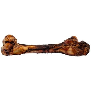 Blackdog Roo Clod kangaroo femur bone dog chew unwrapped, showing marrow and dried meat