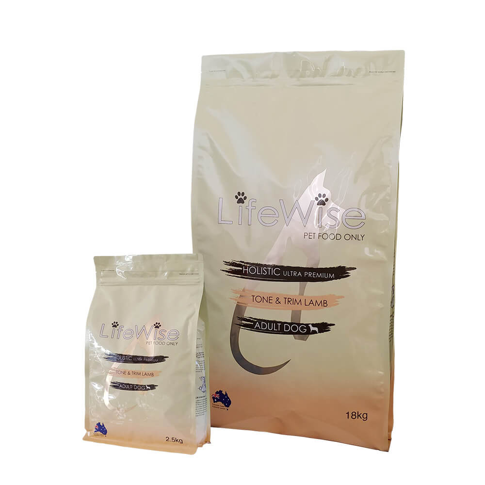 LIFEWISE Tone & Trim Lamb, Oats & Vegetables Dry Dog Food 2.5kg and 18kg packaging difference