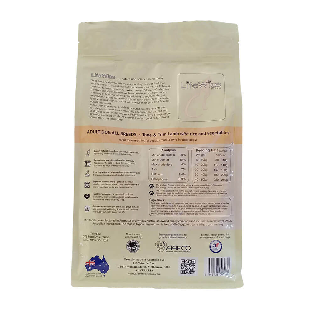 LIFEWISE Tone & Trim Lamb, Oats & Vegetables Dry Dog Food back of packaging with information label
