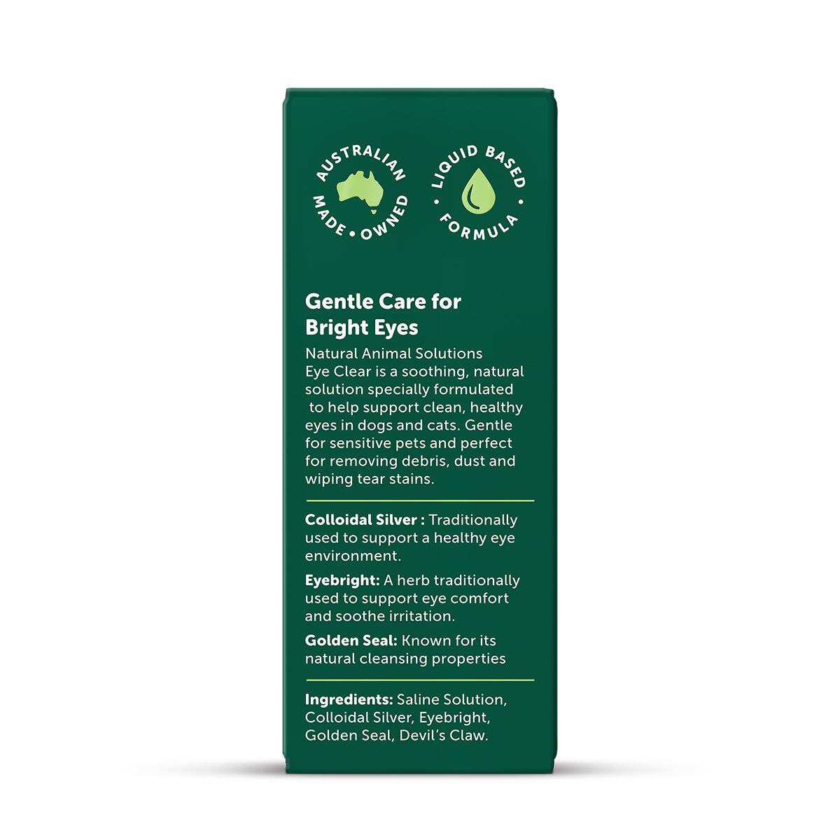 NAS Eye Clear 15 mL box side panel with ingredients: saline, colloidal silver, eyebright, golden seal and devil's claw