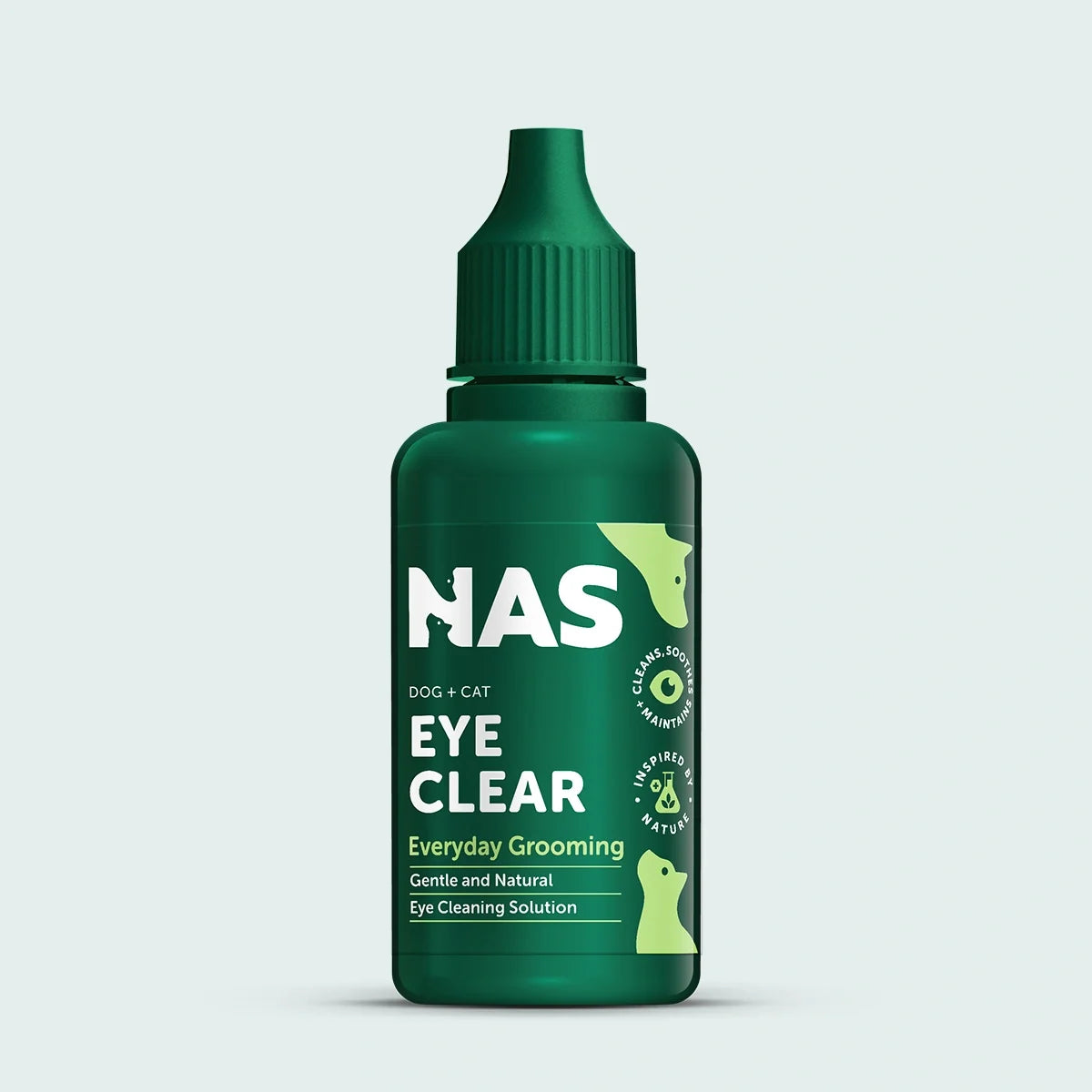 NAS Eye Clear 15 mL gentle eye cleansing solution for dogs and cats, new-look green bottle
