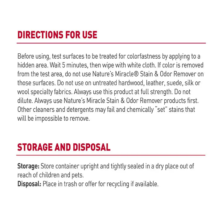 Nature's Miracle Stain and Odor Remover for Dogs 946ml directions for use, storage and disposal