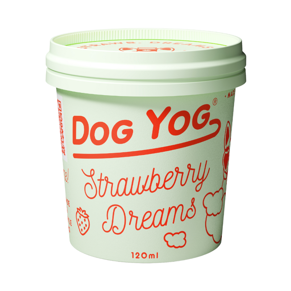 Dog Yog Strawberry Dreams 120 mL pot, angled view