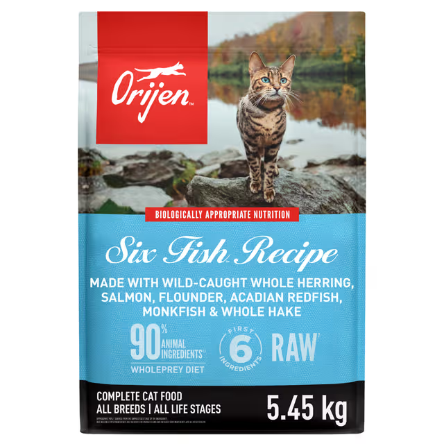 orijen six fish dry cat food front right 5.45kg