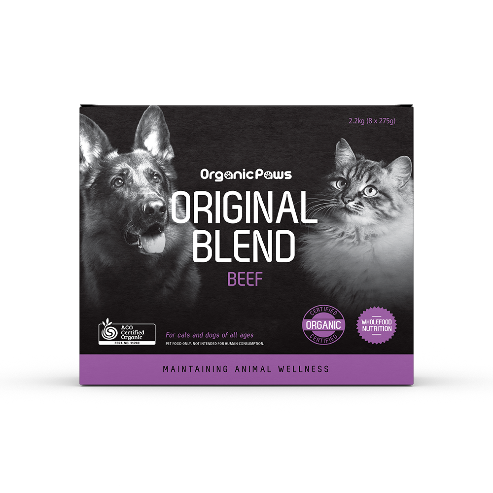 Organic Paws Original Blend Beef raw dog and cat food 2.2 kg box, front view