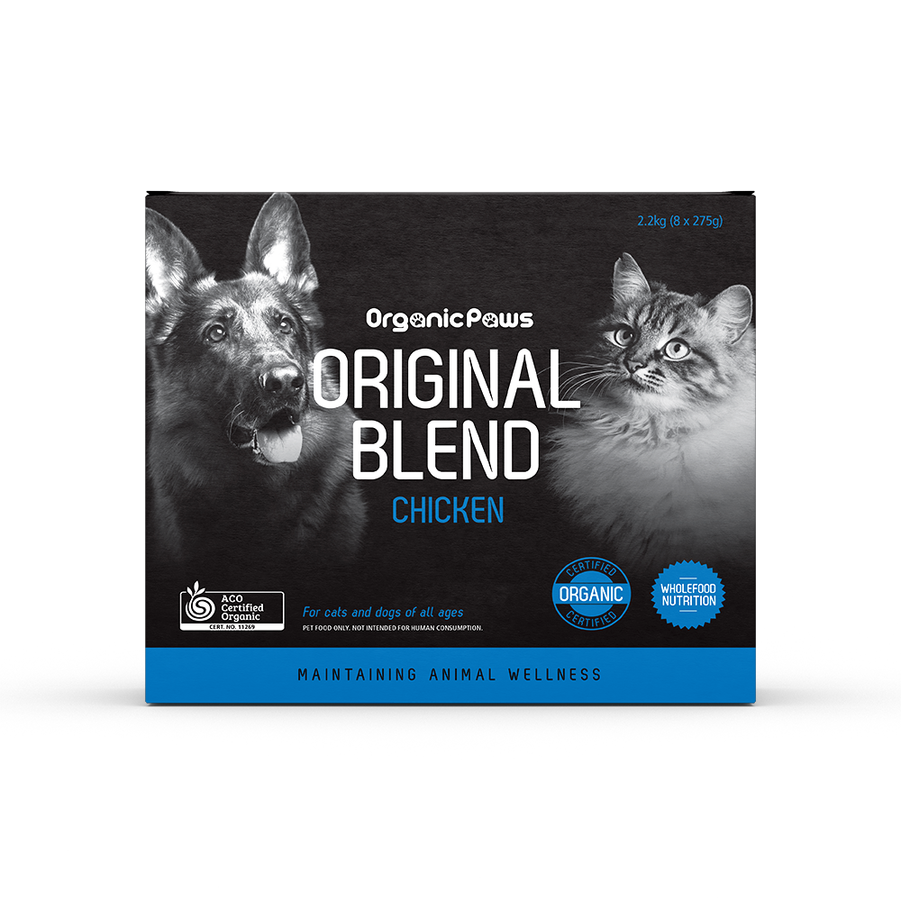 Organic Paws Original Blend Chicken raw dog and cat food 2.2 kg box, front view