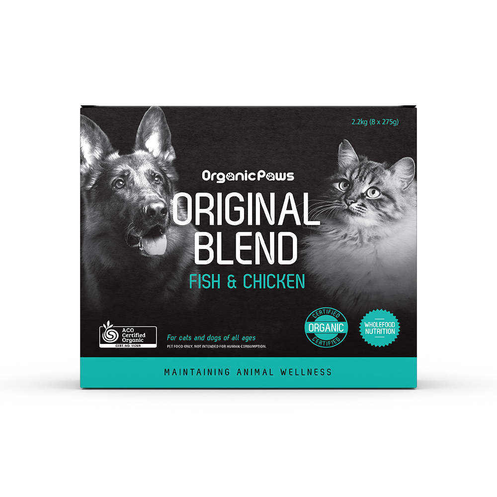 Organic Paws Original Blend Fish & Chicken raw dog and cat food 2.2 kg box, front view