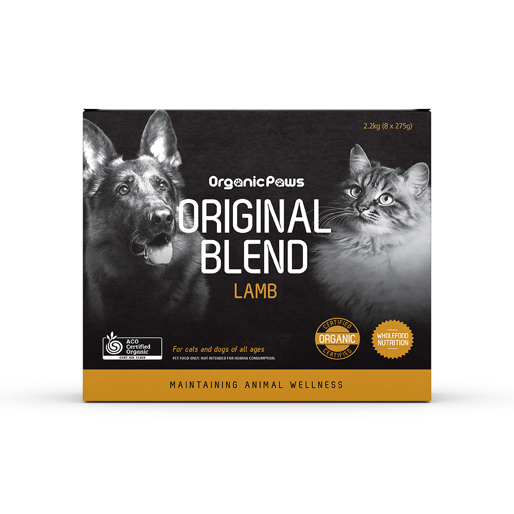 Organic Paws Original Blend Lamb raw dog and cat food 2.2 kg box, front view