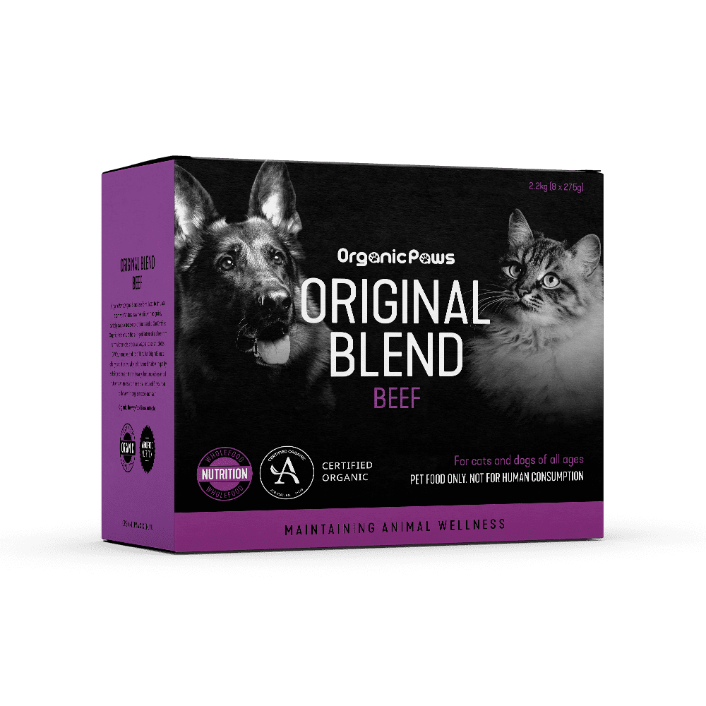 Organic Paws Original Blend Beef raw dog and cat food 2.2 kg box (8 x 275 g), current certified organic packaging