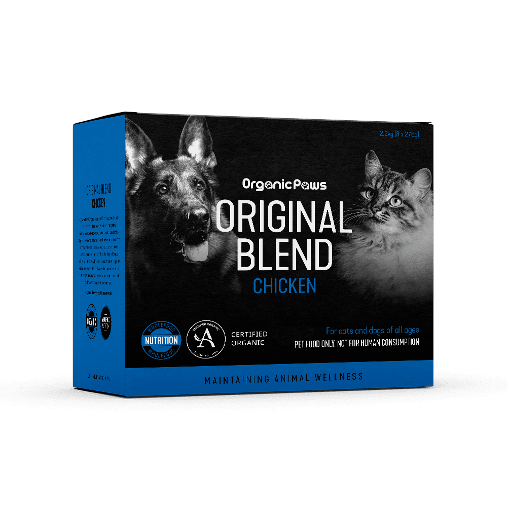 Organic Paws Original Blend Chicken raw dog and cat food 2.2 kg box (8 x 275 g), current certified organic packaging