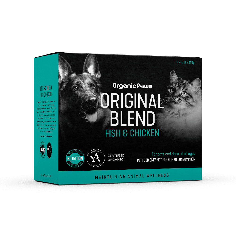 Organic Paws Original Blend Fish & Chicken raw dog and cat food 2.2 kg box (8 x 275 g), current certified organic packaging