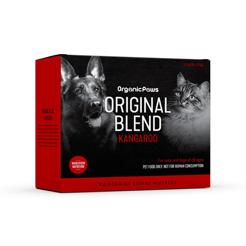 Organic Paws Original Blend Kangaroo raw dog and cat food 2.2 kg box (8 x 275 g), current certified organic packaging