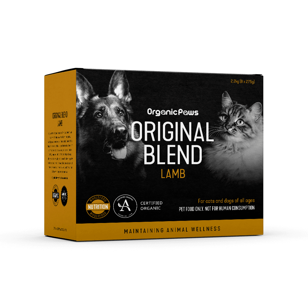 Organic Paws Original Blend Lamb raw dog and cat food 2.2 kg box (8 x 275 g), current certified organic packaging