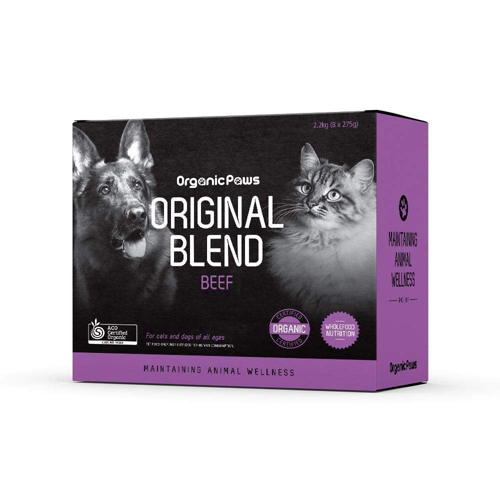 Organic Paws Original Blend Beef raw dog and cat food 2.2 kg box, right side view