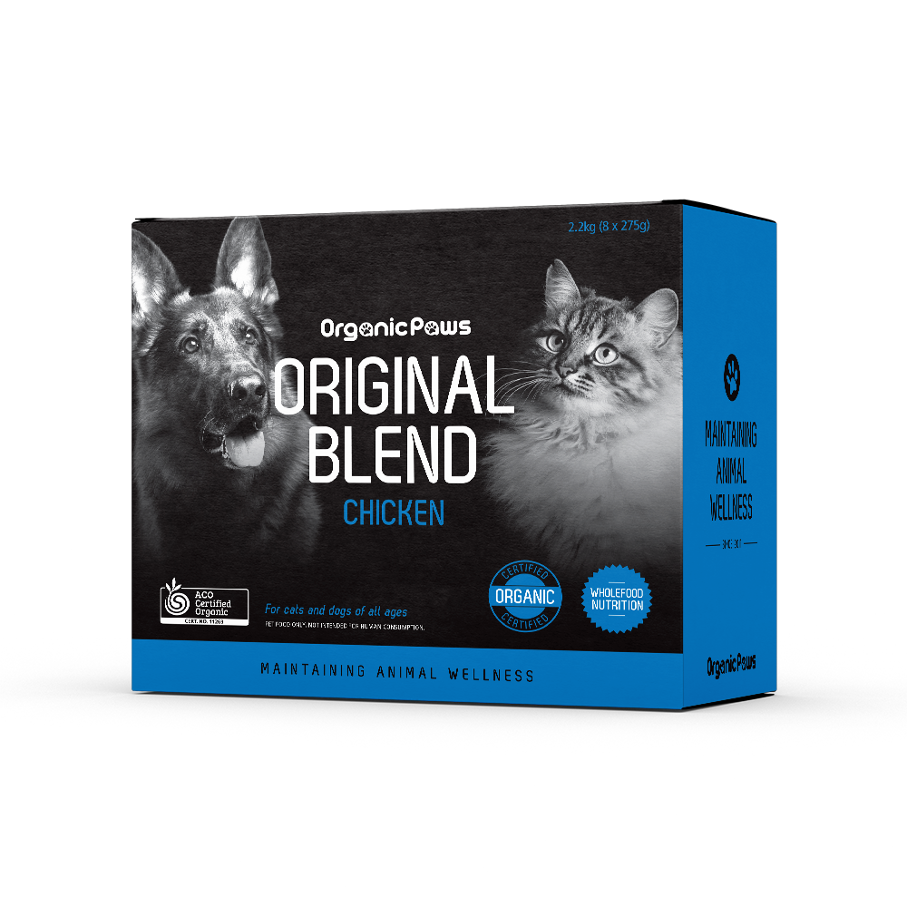 Organic Paws Original Blend Chicken raw dog and cat food 2.2 kg box, right side view