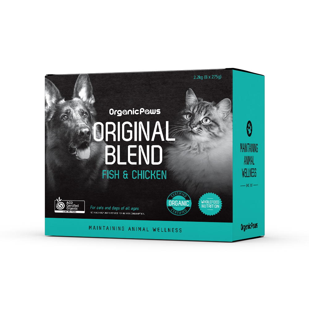 Organic Paws Original Blend Fish & Chicken raw dog and cat food 2.2 kg box, right side view