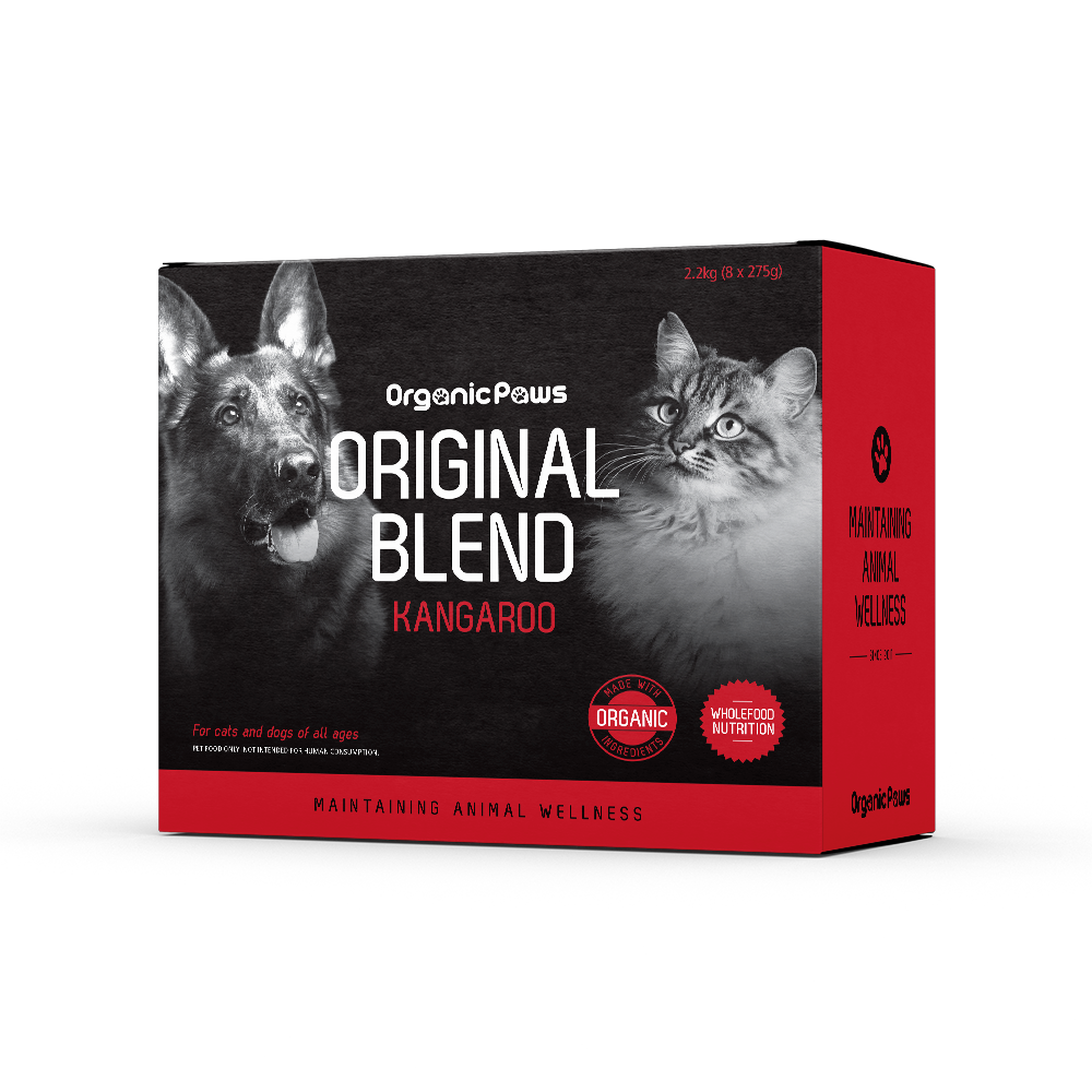 Organic Paws Original Blend Kangaroo raw dog and cat food 2.2 kg box, right side view