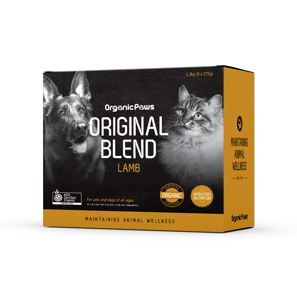 Organic Paws Original Blend Lamb raw dog and cat food 2.2 kg box, right side view