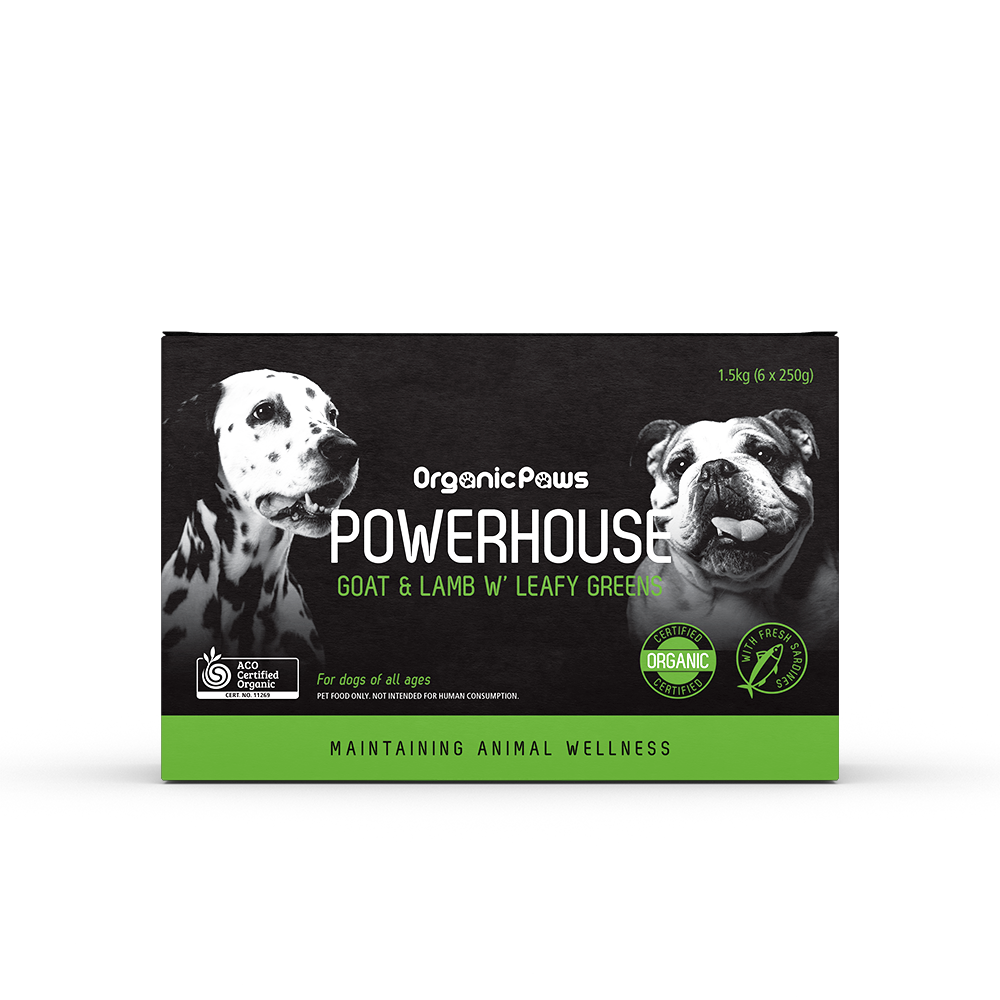 Organic Paws Powerhouse Goat & Lamb with Leafy Greens raw food 1.5 kg box, front view