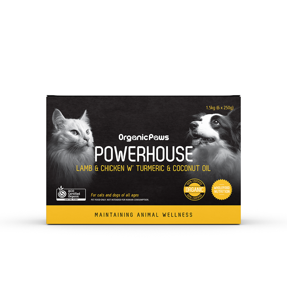 Organic Paws Powerhouse Lamb & Chicken with Turmeric & Coconut Oil raw food 1.5 kg box, front view