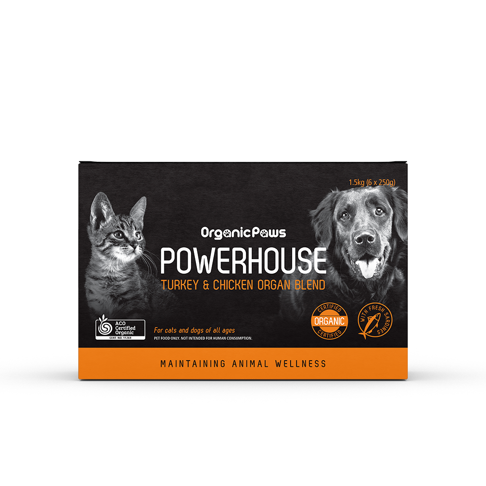 Organic Paws Powerhouse Turkey & Chicken Organ Blend raw food 1.5 kg box, front view