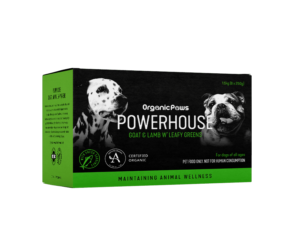 Organic Paws Powerhouse Goat & Lamb with Leafy Greens raw food 1.5 kg box (6 x 250 g), current certified organic packaging