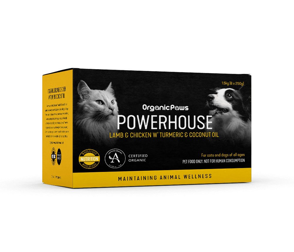 Organic Paws Powerhouse Lamb & Chicken with Turmeric & Coconut Oil raw food 1.5 kg box (6 x 250 g), current certified organic packaging