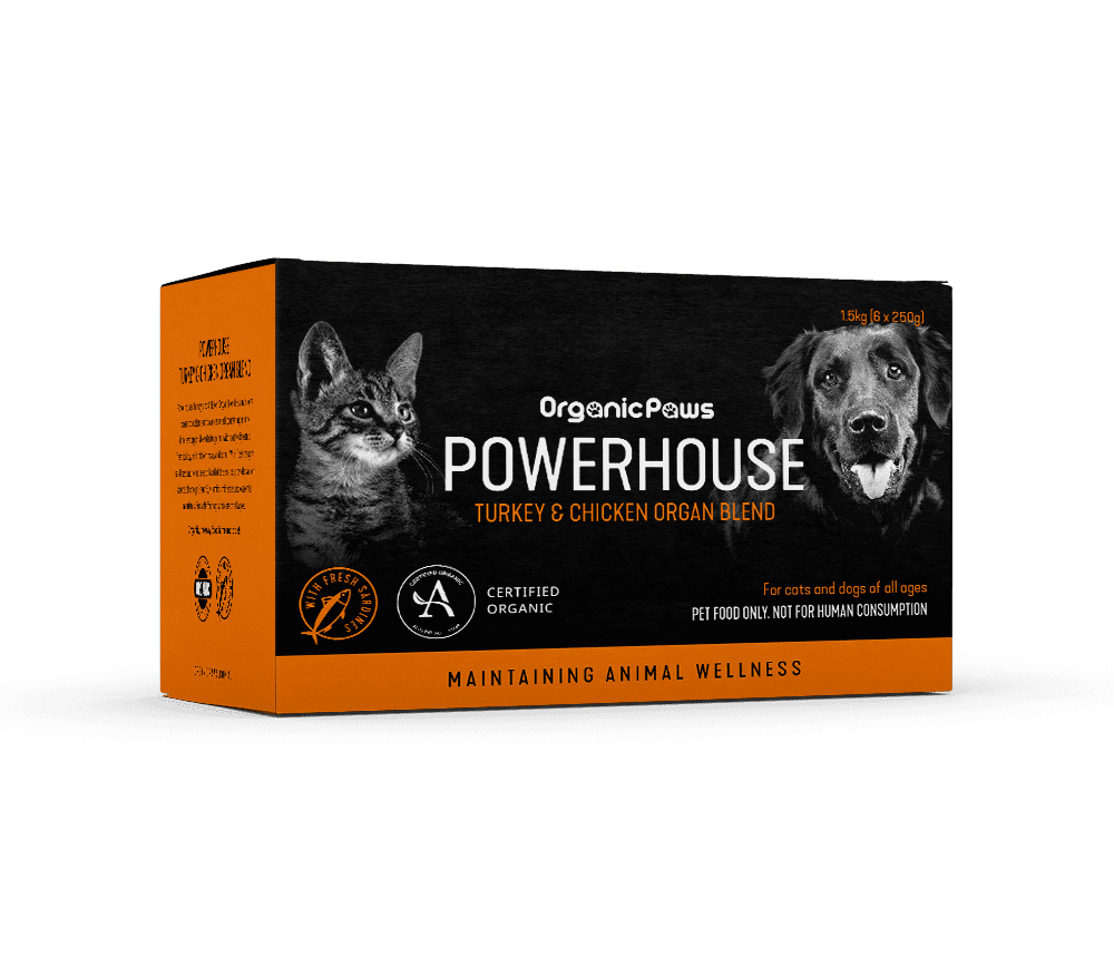 Organic Paws Powerhouse Turkey & Chicken Organ Blend raw food 1.5 kg box (6 x 250 g), current certified organic packaging