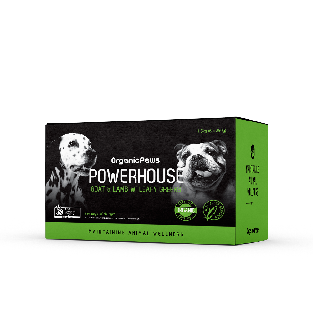 Organic Paws Powerhouse Goat & Lamb with Leafy Greens raw food 1.5 kg box, right side view