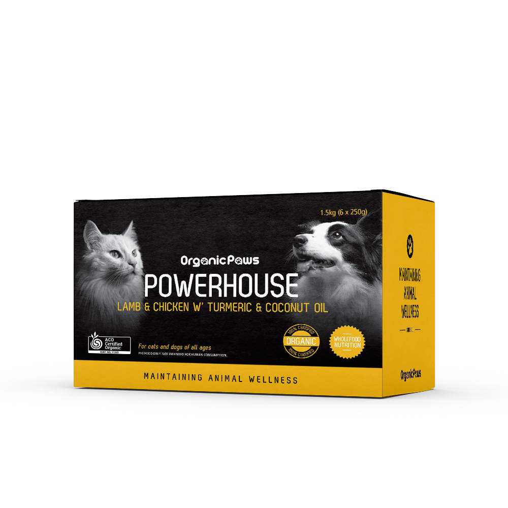 Organic Paws Powerhouse Lamb & Chicken with Turmeric & Coconut Oil raw food 1.5 kg box, right side view