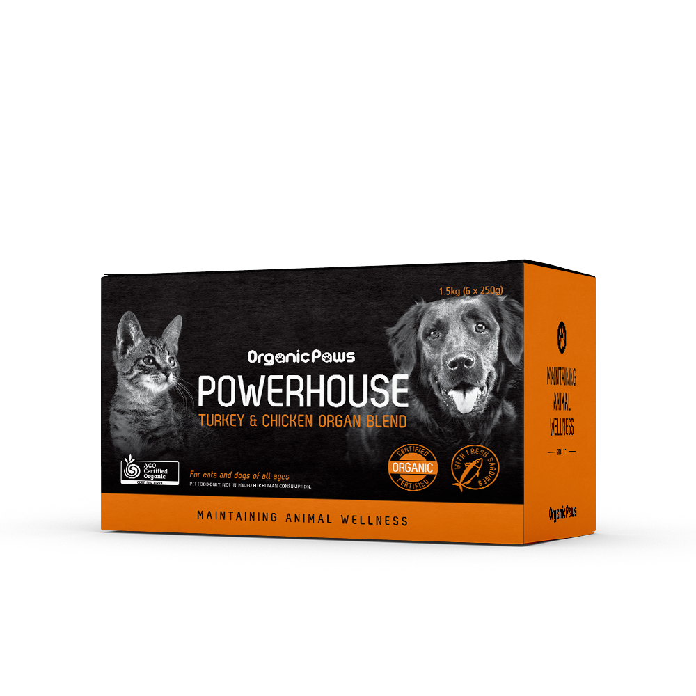 Organic Paws Powerhouse Turkey & Chicken Organ Blend raw food 1.5 kg box, right side view