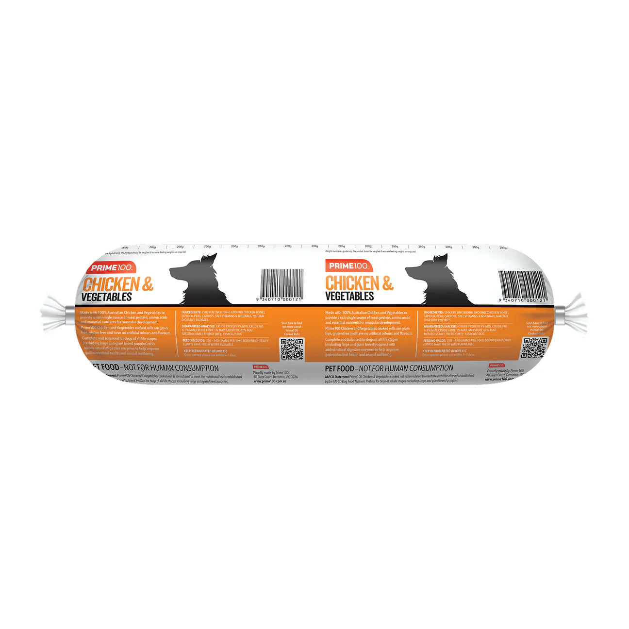 PRIME100 Chicken & Vegetables Cooked Roll Fresh Dog Food 3KG packaging back