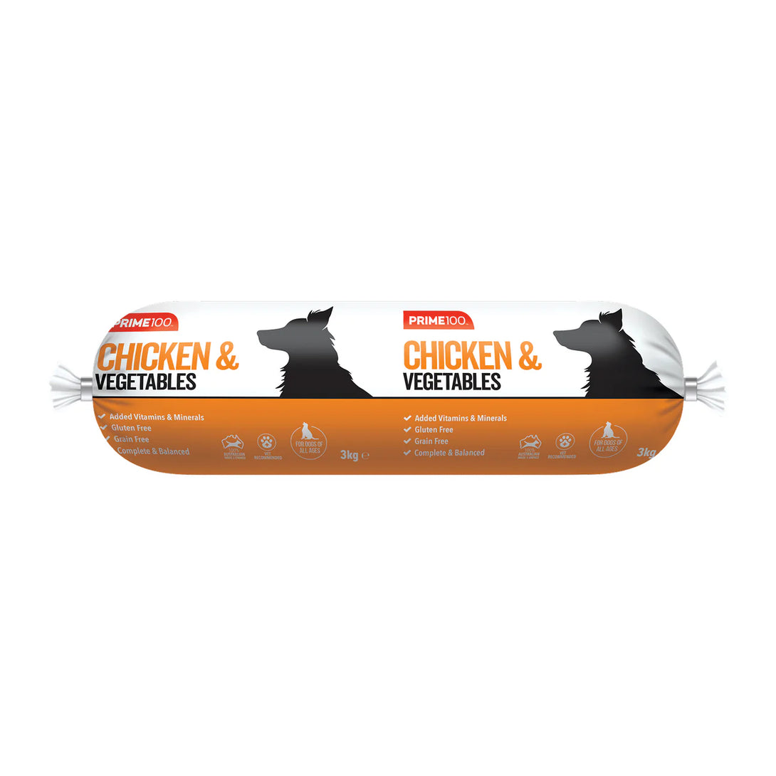 PRIME100 Chicken & Vegetables Cooked Roll Fresh Dog Food 3KG packaging front