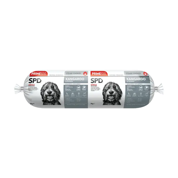 PRIME100 SPD Kangaroo & Potato Fresh Dog Food Roll 2KG packaging front