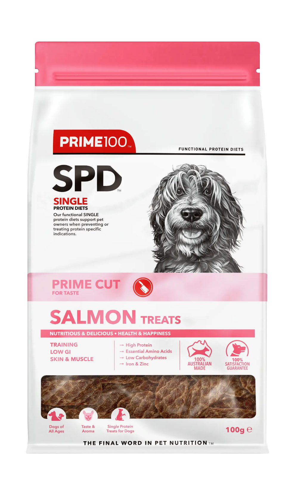 PRIME100 SPD™ Prime Cut Salmon Dog Treats 100g packaing front
