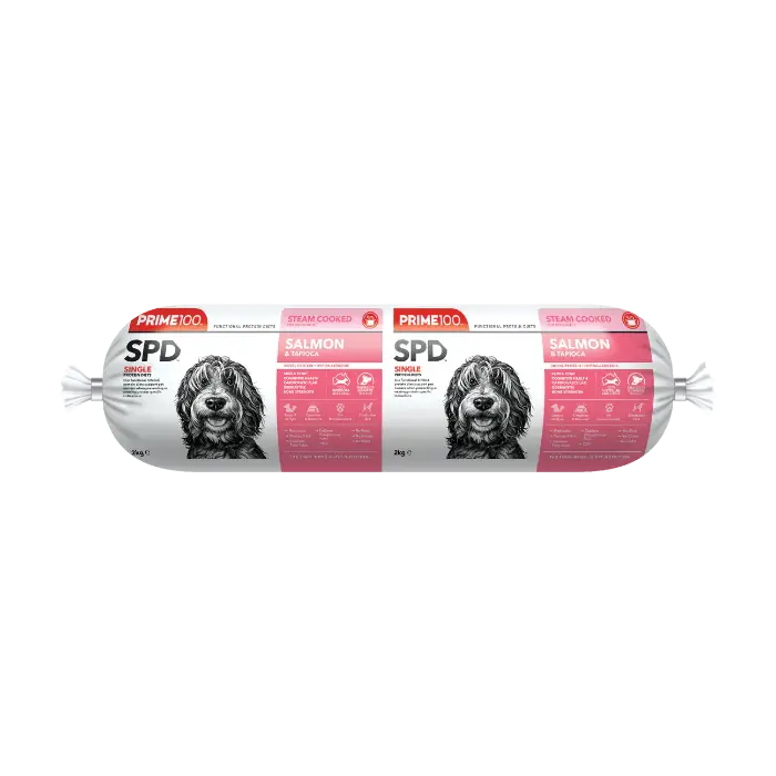 PRIME100 SPD Salmon & Tapioca Fresh Dog Food Roll 2KG packaging front