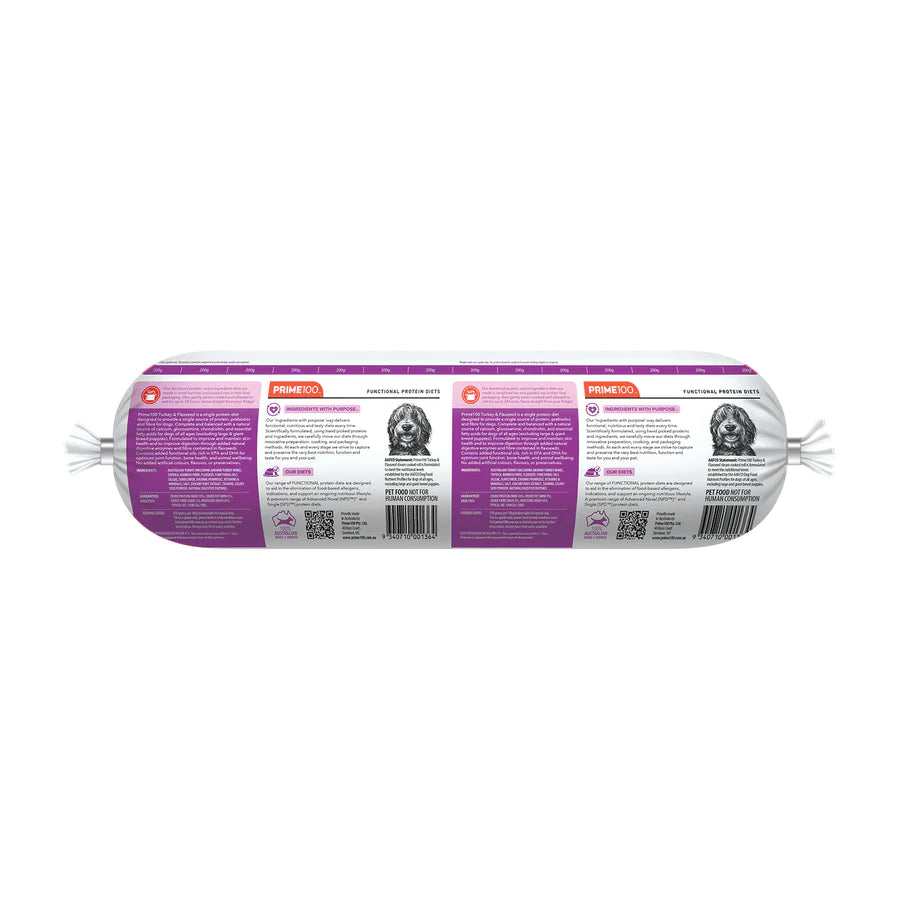 PRIME100 SPD TURKEY & FLAXSEED Fresh Dog Food Roll 2KG packaging back