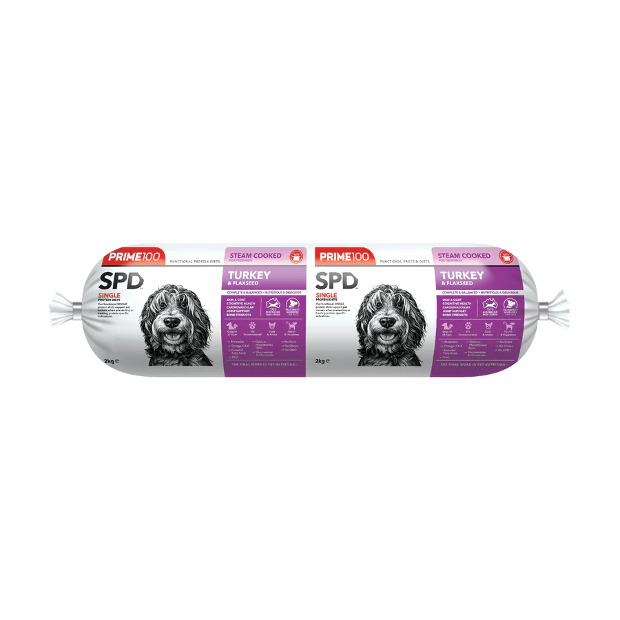 PRIME100 SPD TURKEY & FLAXSEED Fresh Dog Food Roll 2KG packaging front 