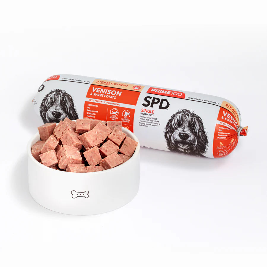PRIME100 SPD Venison & Sweet Potato Fresh Dog Food Roll and food display