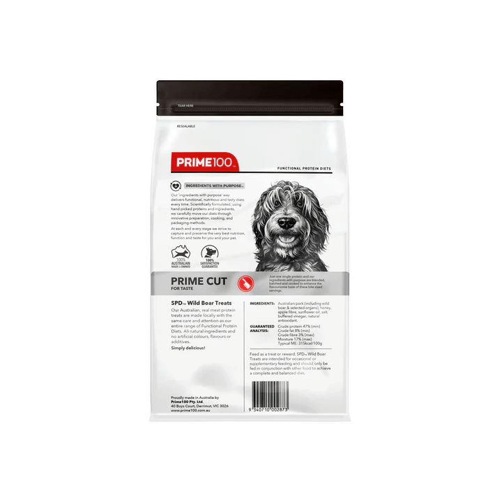 PRIME100 SPD™ Prime Cut Wild Boar Dog Treats 100g label packaging