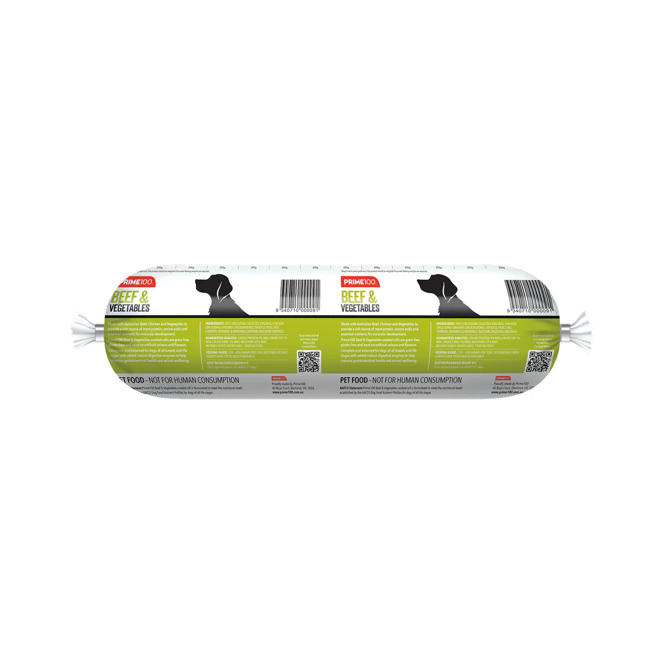 PRIME100 Beef & Vegetables Cooked Roll Fresh Dog Food 2KG back