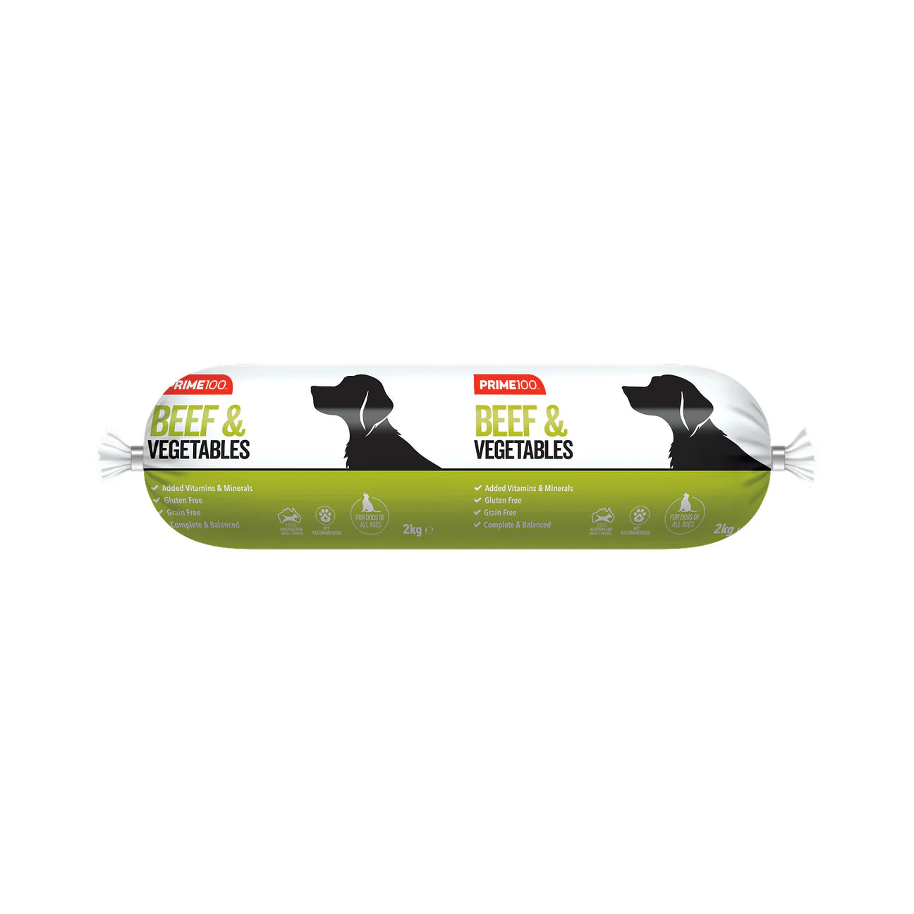 PRIME100 Beef & Vegetables Cooked Roll Fresh Dog Food 2KG front packaging