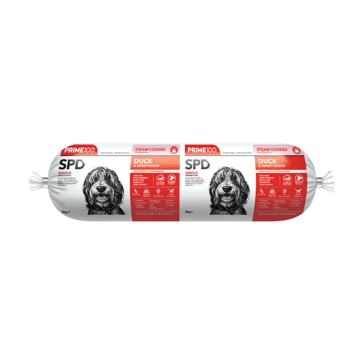 PRIME100 spd, grain-free Duck & Sweet Potato fresh Dog food Roll 2KG packaging front - novel protein