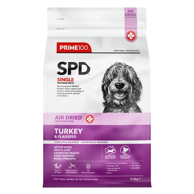 prime100 turkey and flaxseed air dried turkey and flaxseed Dog food package with a purple and white design featuring a dog illustration on a white background.