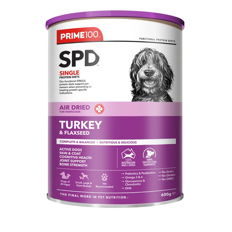 Prime100 SPD air dried dog food can with turkey and flaxseed on a white background