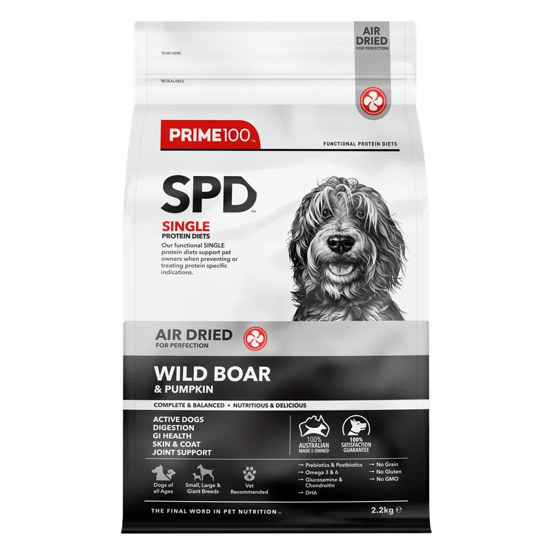 Prime100 wild boar and pumpkin Dog food 2.2kg package with a black and white dog illustration on a white background
